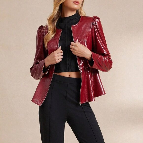 BURGUNDY FAUX LEATHER ZIP UP PUFF SLEEVE FLARED RUFFLED HEM JACKET - Picture 3 of 7